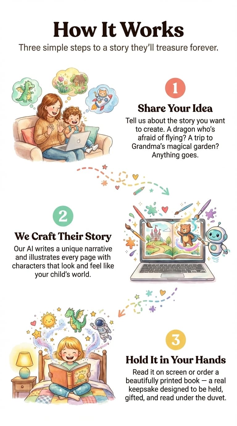 How FlipWhizz works: 1. Share your idea, 2. We craft their story, 3. Hold it in your hands